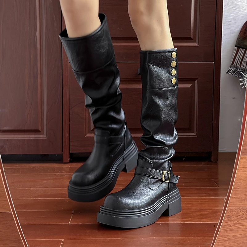 Autumn Winter Platform Thick Bottom Women Long Boots Fashion Slip On Shoes Vintage Ladies Knight Botas
