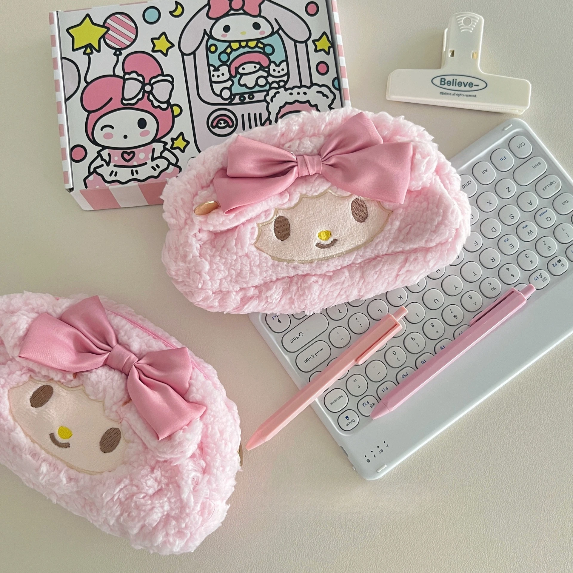 sanrio plush lamb piano pencil case for girls, cute large capacity cartoon stationery bag, high beauty makeup bag kawaii bag