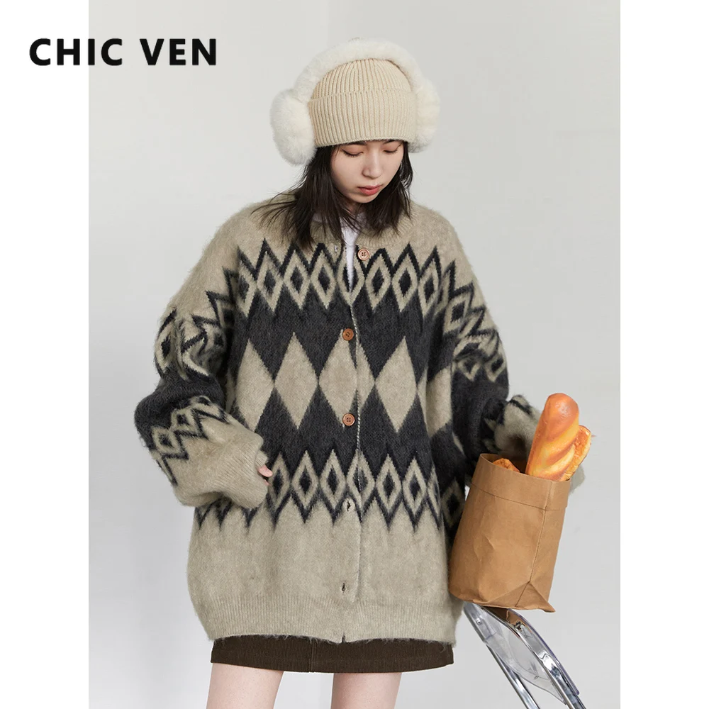 

CHIC VEN Women Cardigan Fashion Loose O-neck Argyle Contrast Design Sweaters Female Causal Warm Knit Jackets Spring Autumn 2025