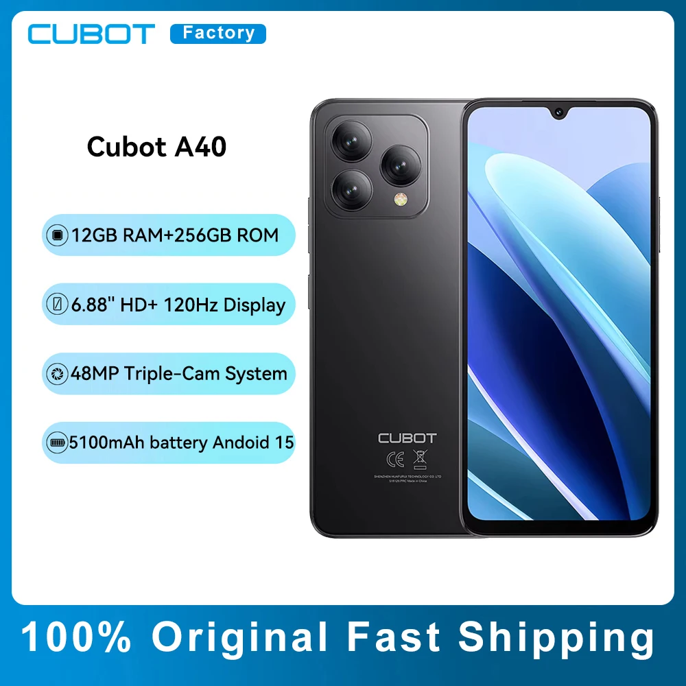 Смартфон Cubot A40 Android 15 12 ГБ (4 ГБ + 8 ГБ) ОЗУ + 256 ГБ ПЗУ 6,88 дюйма, 120 Гц, восьмиядерный дисплей, 48 МП, аккумулятор, 5100 мАч, NFC Face ID