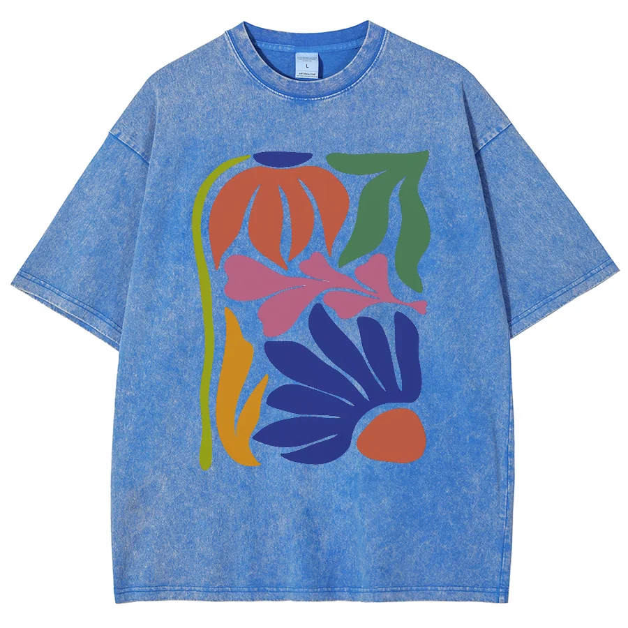 

Cartoon Color Aquatic Plant Print Women's T-Shirt Oversized Crew Neck Washed Denim Short Sleeve Vintage Distressed Niche Top