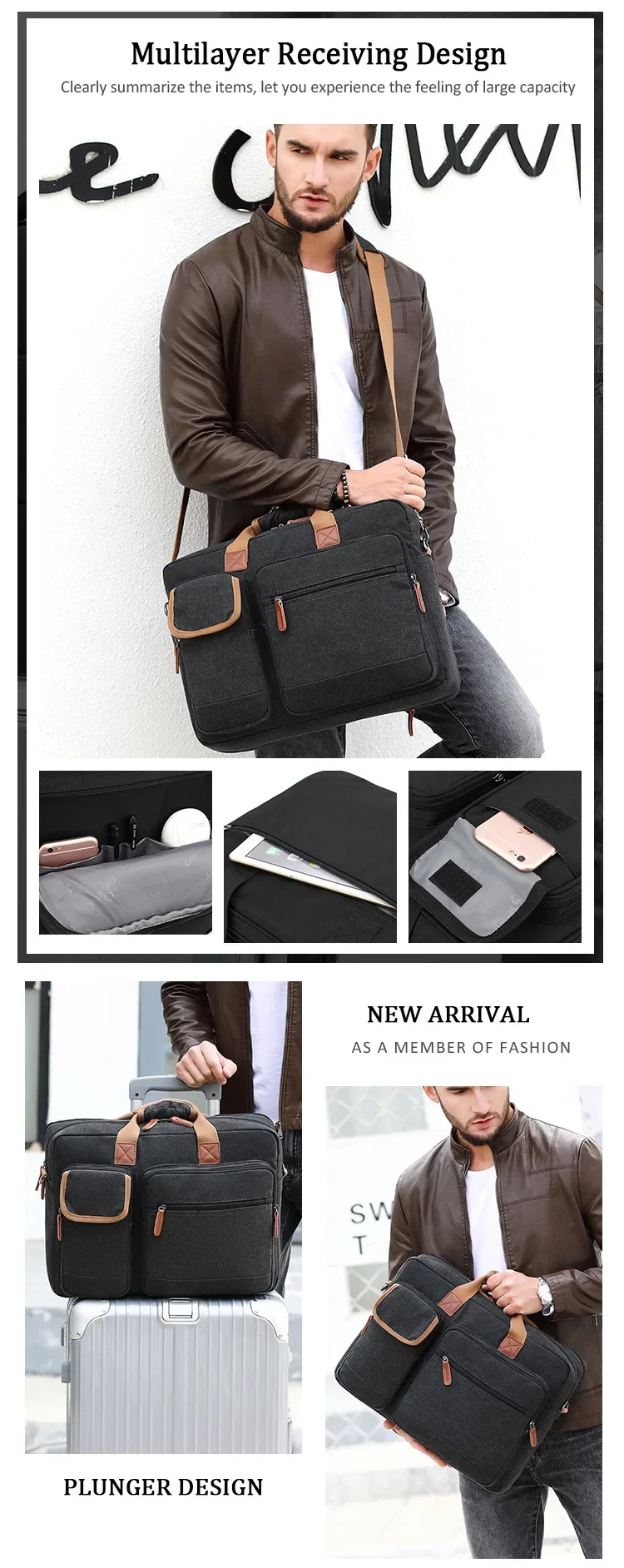 Men's Business Laptop Bag Waterproof Wear-Resistant Nylon Briefcase Shoulder Bag for Professional Use