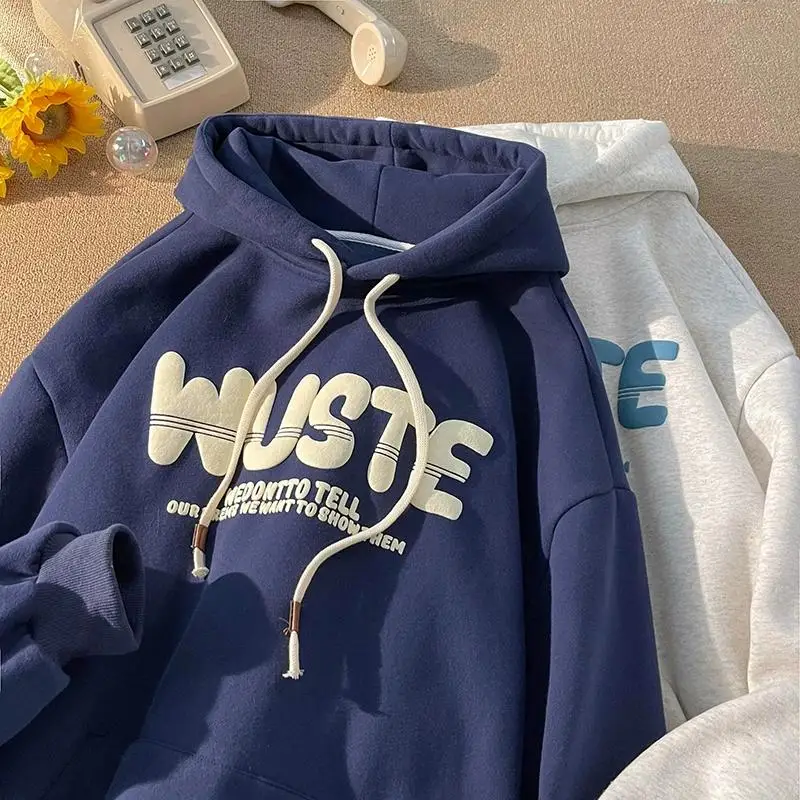 

Мужская толстовка оверсайз в винтажном американском стиле для пар, весна-осень, синяя, повседневная одежда