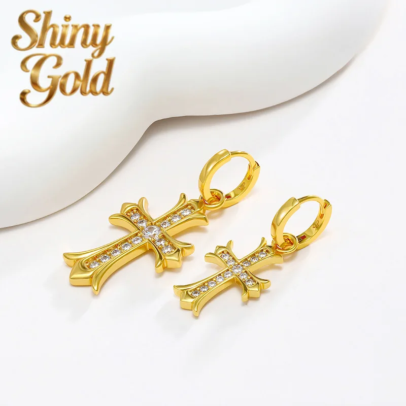 

ShinyGold Luxury 24K 9999 Pure Gold Real Gold Women's Crowe Cross Stud Earrings