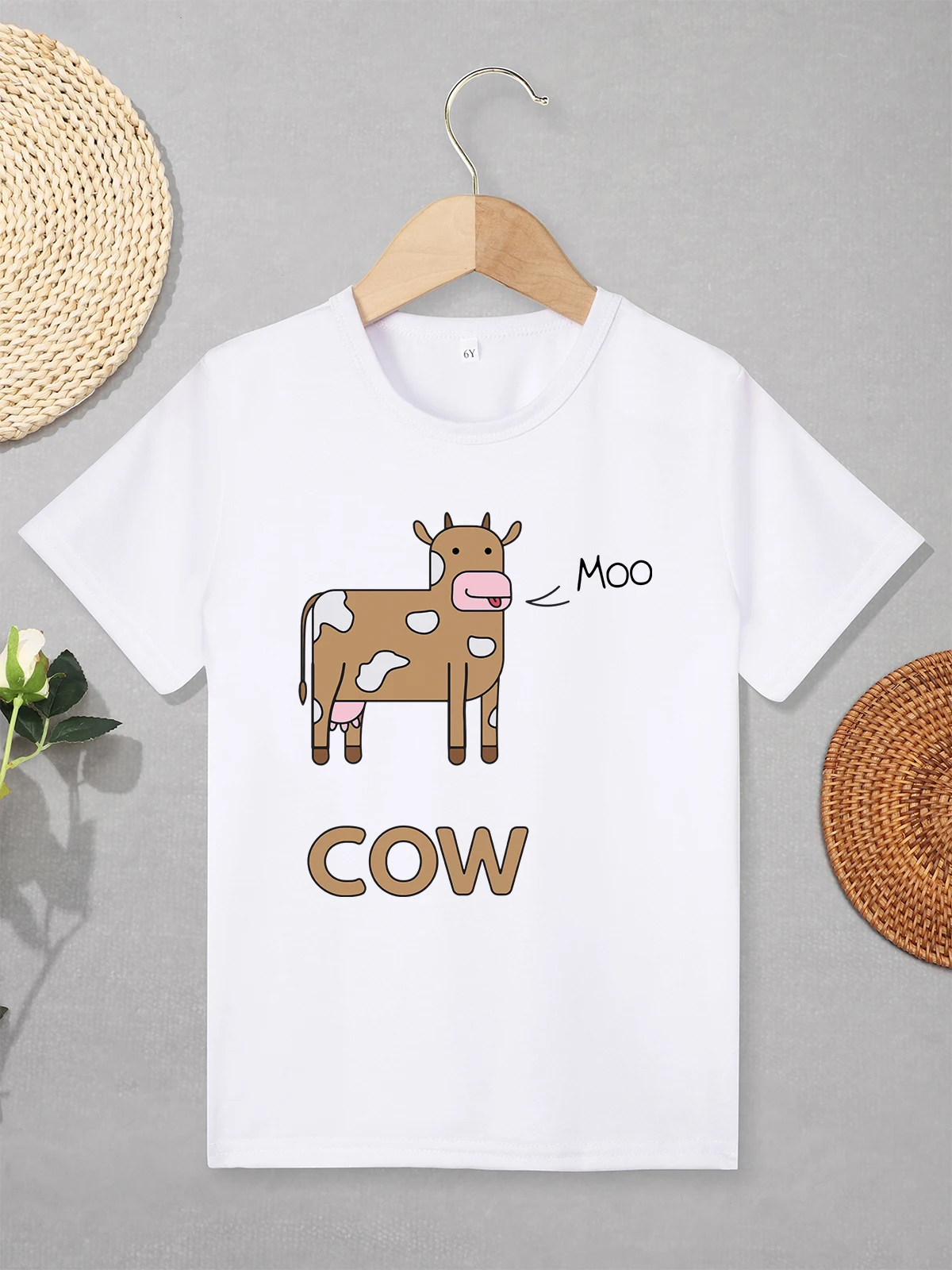 Dairy Cow Moo Fun and Cute Children's Clothing Cartoon Kawaii Harajuku Spring Summer Casual Home Boys Girls T-shirt Comfy Fabric