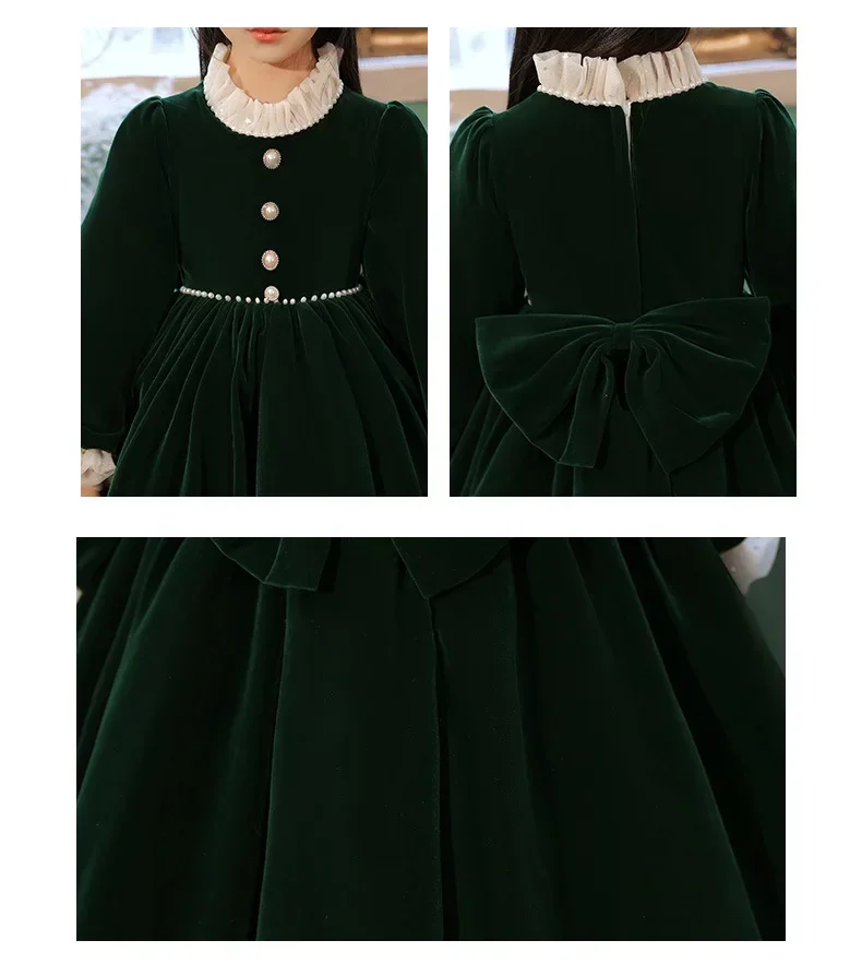 elegant Long Dark Green Child Princess Ball Gown Velvet Flower Girls Wedding Dresses for Baby Teens Prom Formal Party Clothes