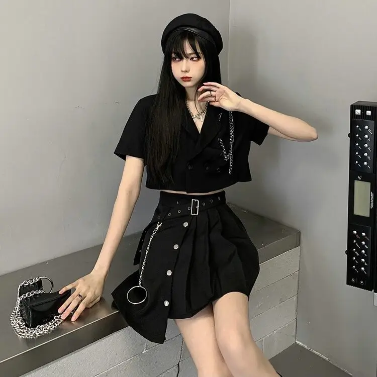 Yangelo Black Lapel Short Suit Jacket Female Punk Summer Button Short Sleeve Crop T-shirt Gothic Grunge Fairy Streetwear