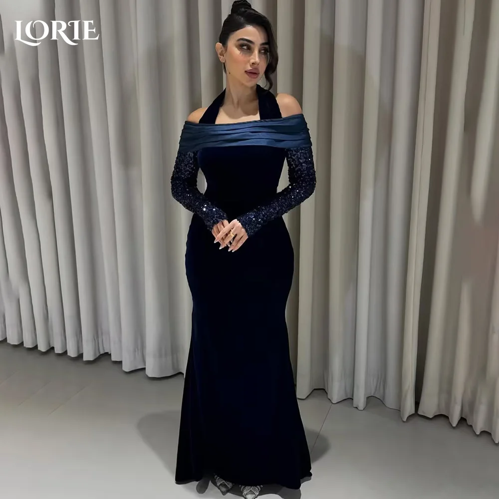 

LORIE Halter Mermaid Evening Dress Pleats Velvet Slit Sequins Party Dress Elegant Prom Dress Long Sleeve Party Gowns Customized