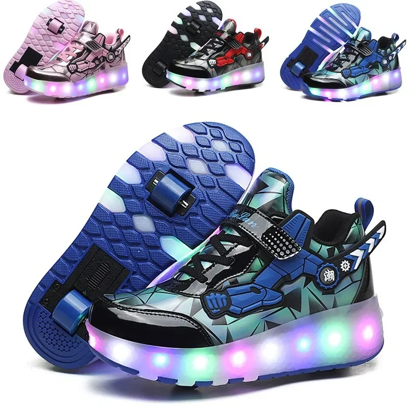 YUNICUS Led Light Roller Skate Shoes for Children Kids Led Shoes Boys Girls Shoe USB Charging Black Two Wheels Luminous Sneakers