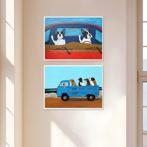 Funny Dogs Oil Painting Canvas Poster Boston Terrier Print Pug Road Rage Prints Dog Beach Tours Fine Art Wall Picture Decoration