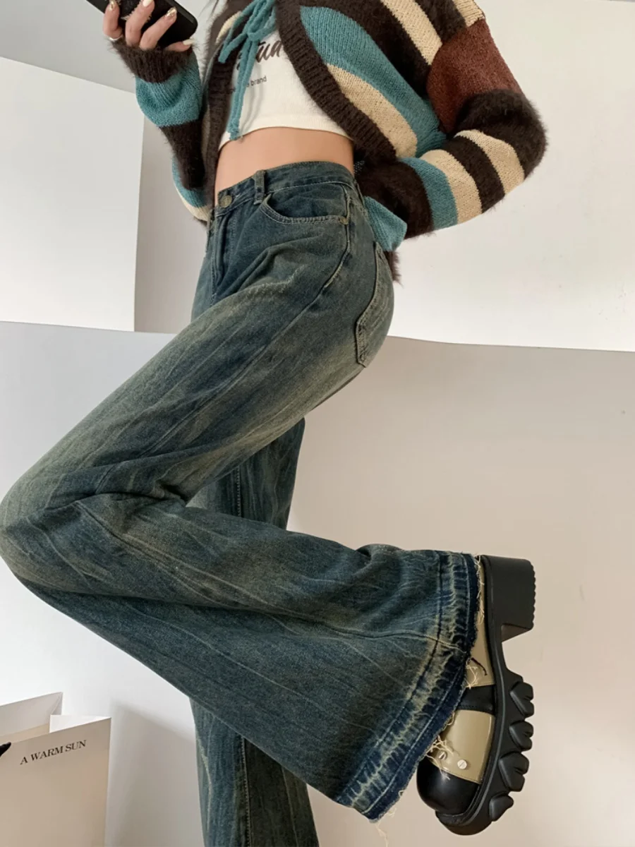 Americano retro queimado jeans feminino outono resistido design pred dobrável leggings longos botão de cintura alta cores de luz profunda