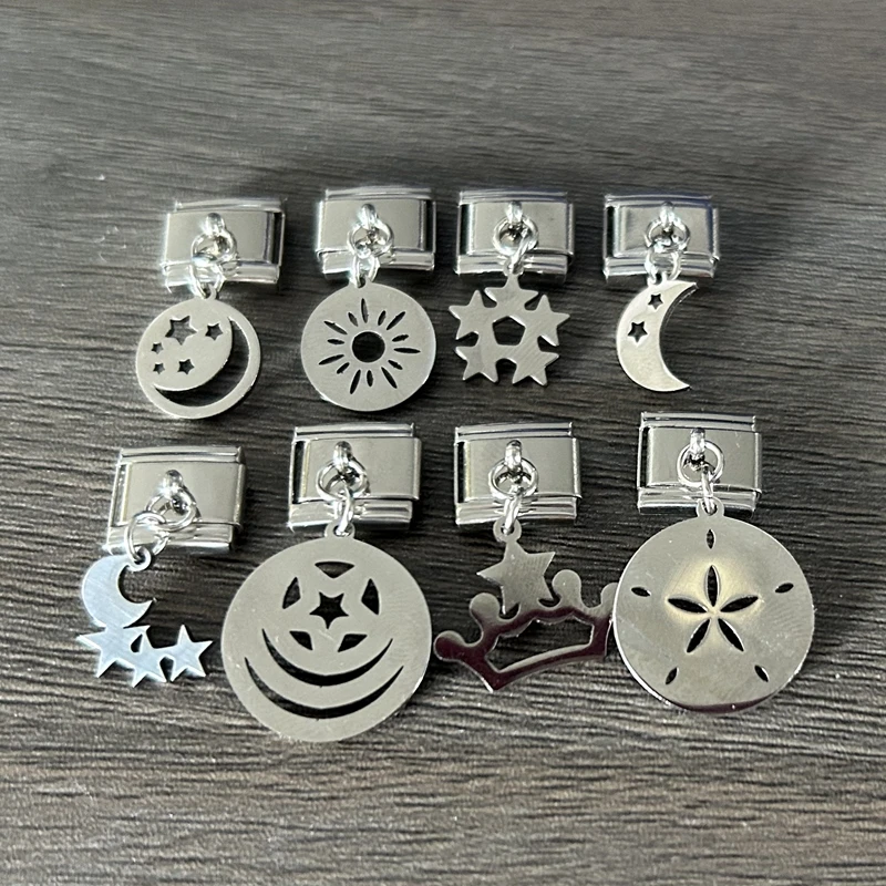 Italian Charm Tassels Flame Sun Star Link Moon Lightning Pendant Stainless Steel Bracelets Kit Links Fit 9mm Jewelry DIY Making