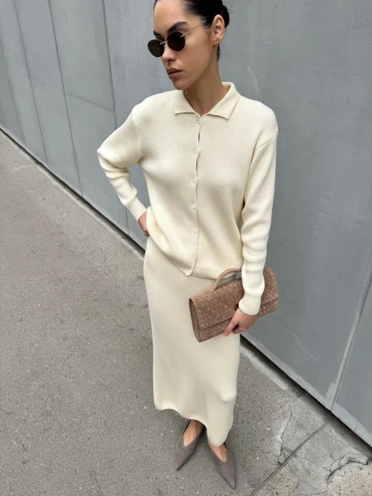 Women Knitted Cardigan Skirt Set 2025 Autumn Winter Polo Collar Cardigan Two-piece Suit Chic Lady High Sreet Office Sweater Sets