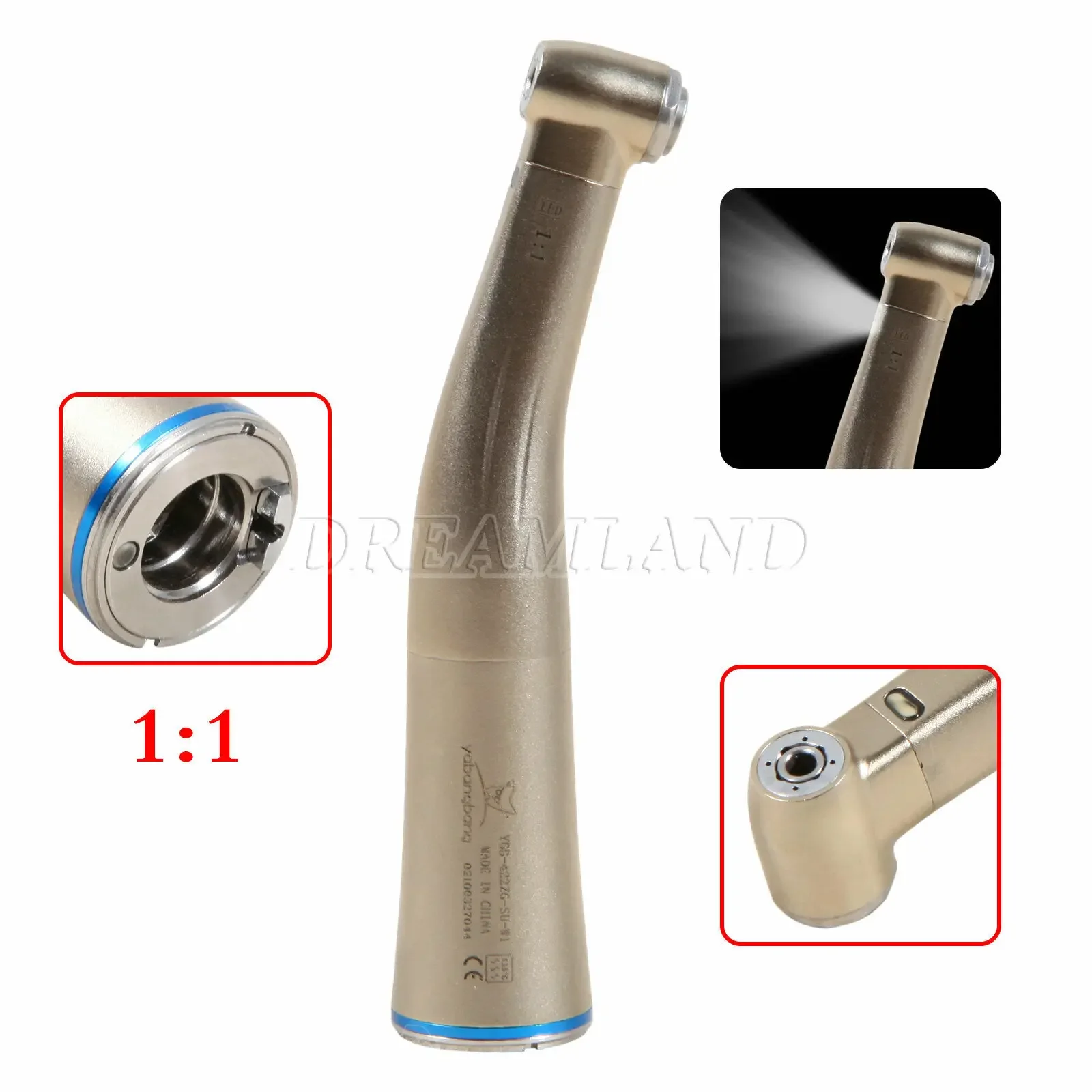 

1:1 Dental Electric Fiber Optic LED Contra Angle Handpiece Internal Water Spray Blue Ring Fit NSK