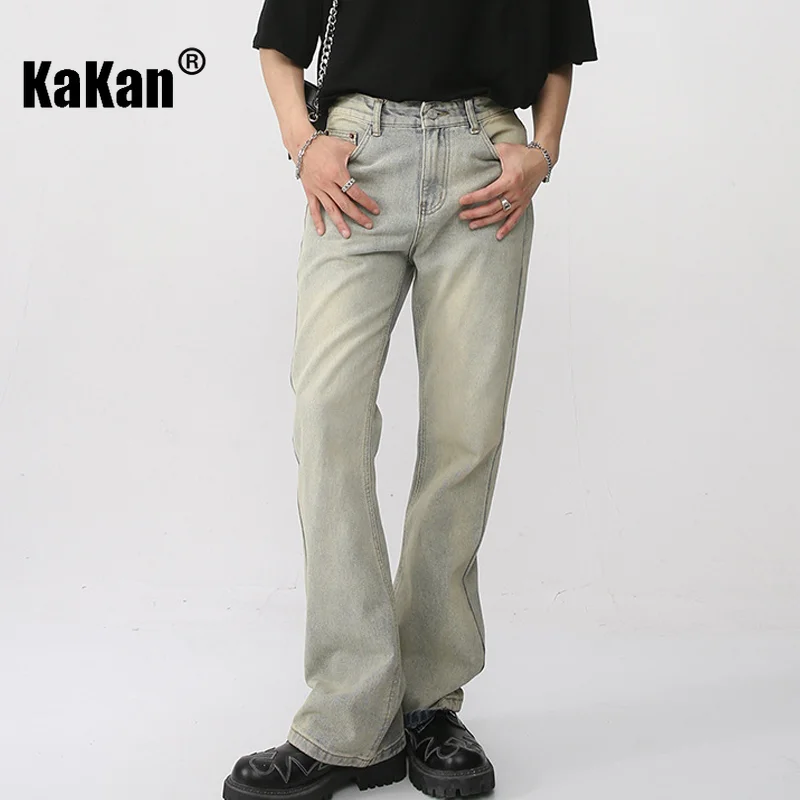 

Kakan - New Retro Mud Yellow Distressed Jeans for Men, Ground White Slightly Flared Straight Leg Jeans K50-930