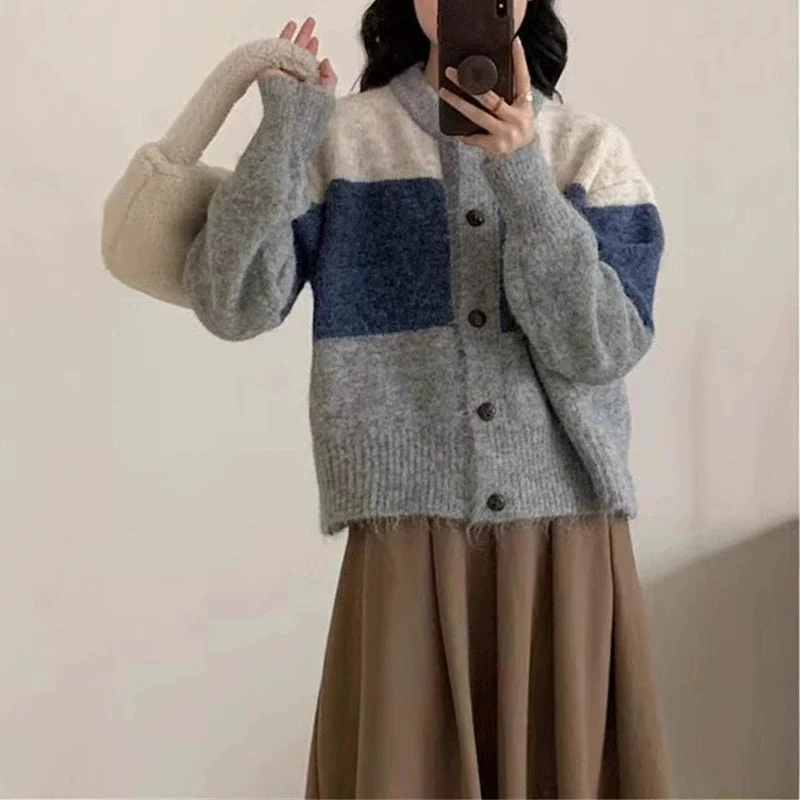Harajuku Contrast Color Sweater Jacket Women Autumn Casual Student Versatile Knitted Cardigan Y2K Retro Patchwork Sweater Coat