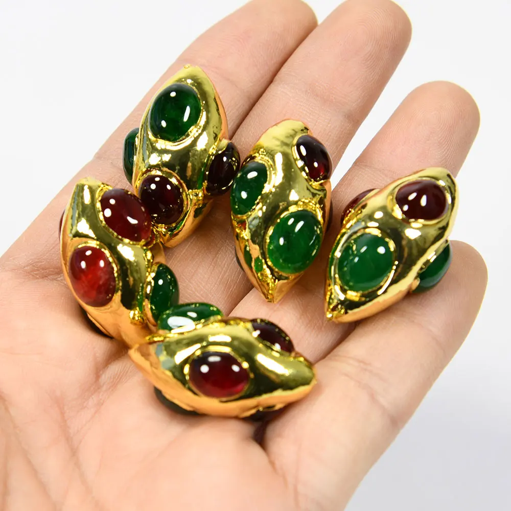 

10 Pcs Natural Green Red Agate Electroplated Yellow Gold Plated Olivary Shape Beads Bezel For Jewelry Making DIY Findings