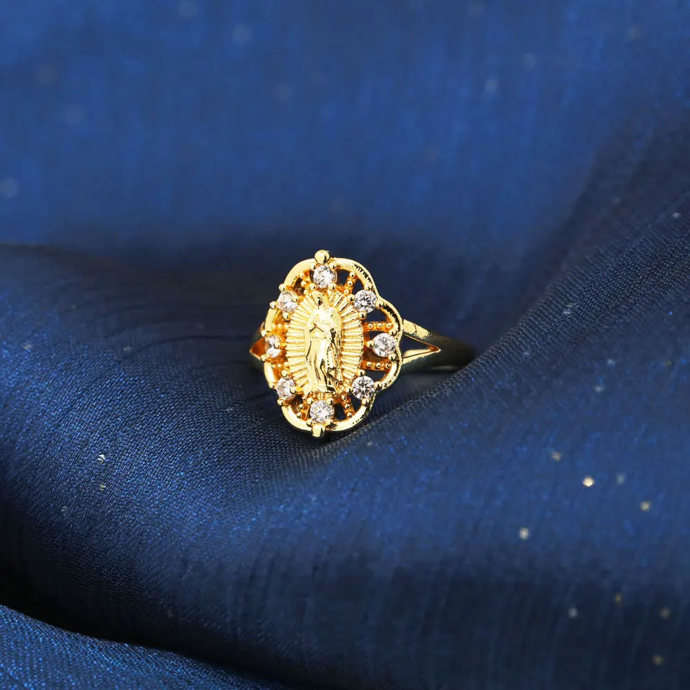 Geometric Shape Religious Women Ring Simple Versatile Plated Gold Copper Virgin Mary White Zircon Adjustable Ring