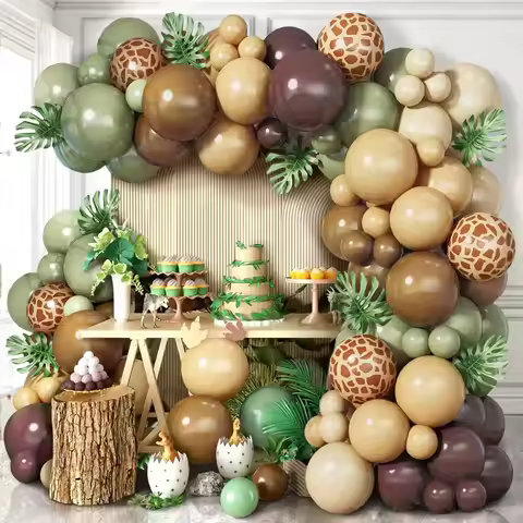 Sage Green Brown Wildlife Themed Balloon Garland Arch Kit Deer Print for Jungle Safari Kid Birthday Baby Shower Party Decoration
