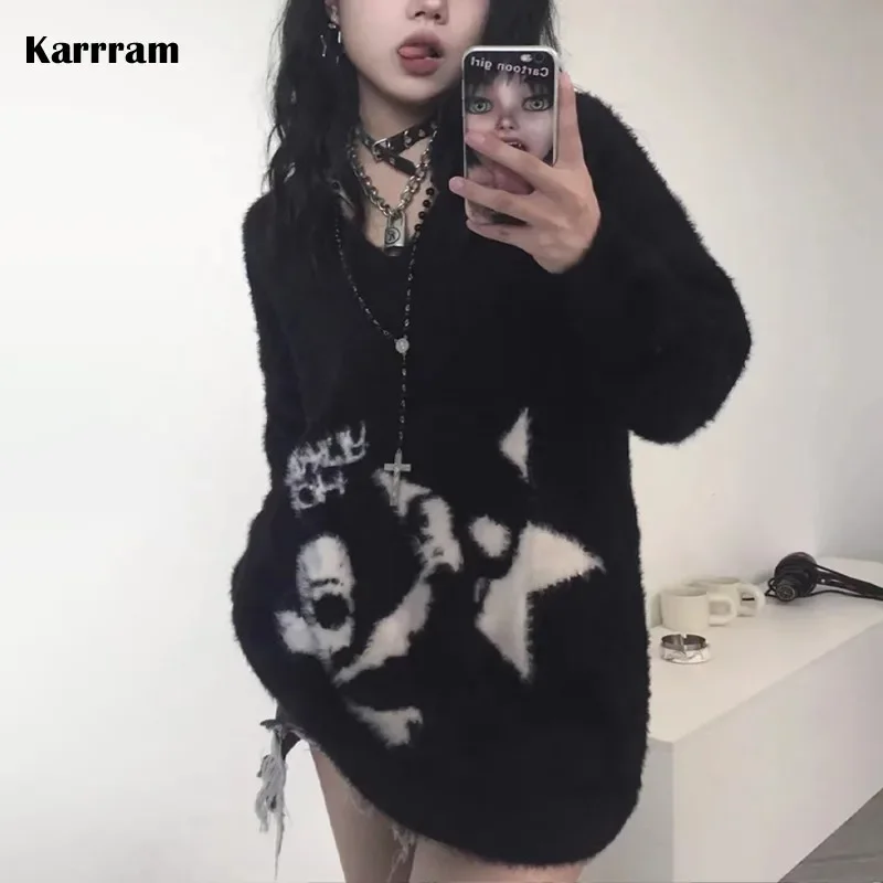 Karrram maglione teschi gotici grunge estetica scura maglione lavorato a maglia con scollo a v Harajuku pullover Mohair sciolto emo alt maglieria Y2K