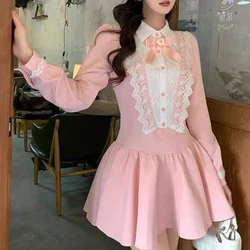 Women's Vintage Lace Patchwork Bow Sweet Princess Party Dresses Harajuku Y2K Lolita Kawaii Long Sleeve Mini Dress Sexy Vestidos