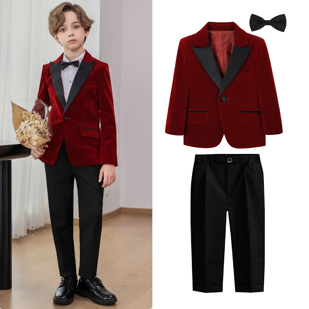 Autumn Satin Lapel Elegant 3PCS Red Velvet Blazer Set for Kids Boy Wedding Tuxedos Jacket+Pants+Bow Tie Children Clothing