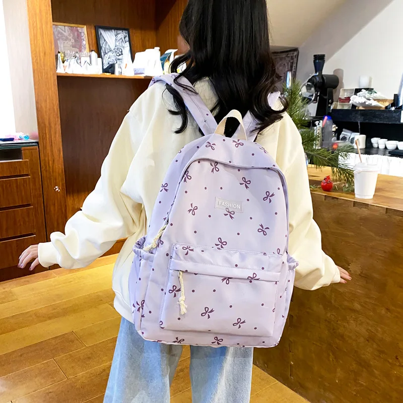 Vintage Bowknot Print Backpack Large Capacity School Bookbag for Middle High School Students Harajuku College Style Travel Bag