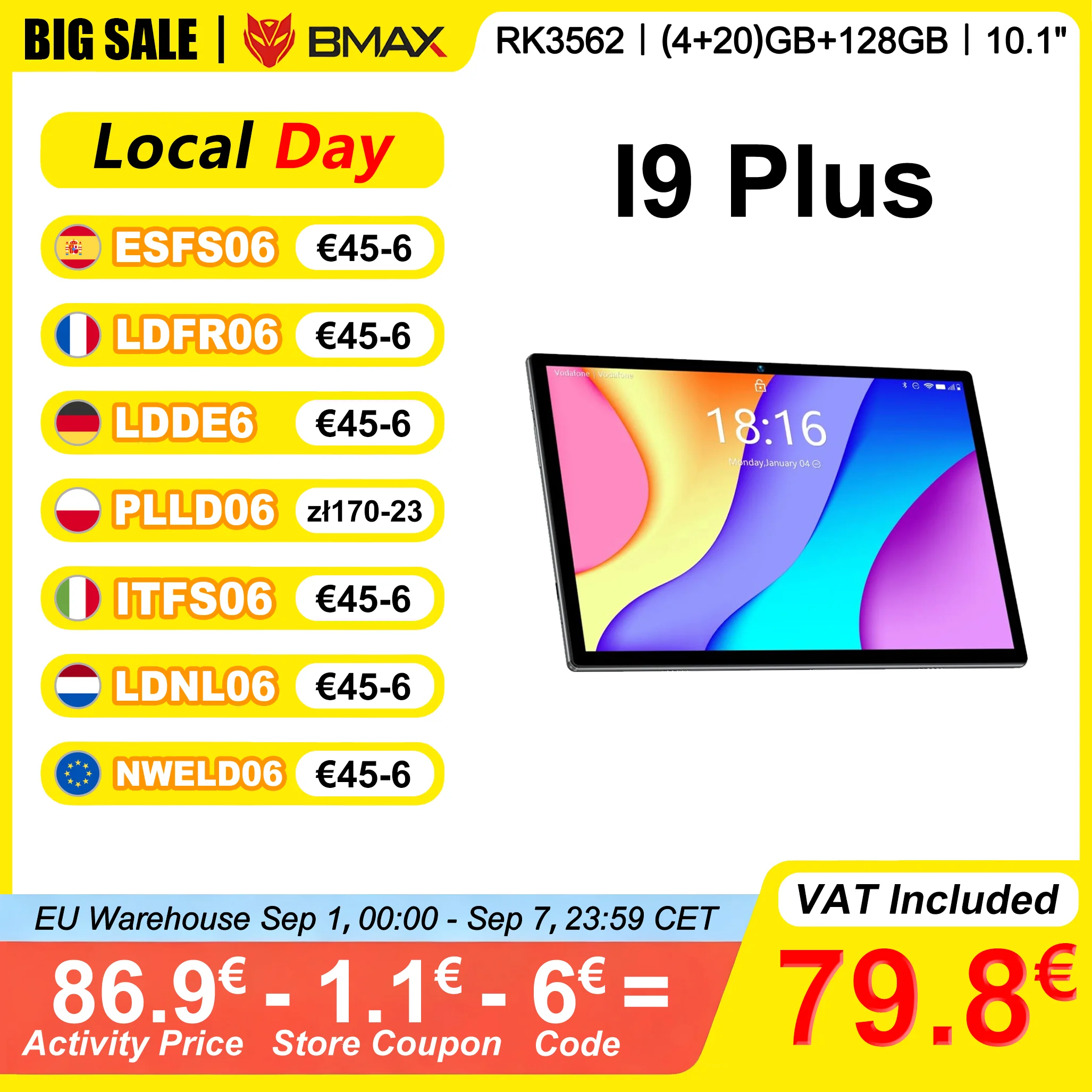 Image of BMAX I9 Plus Tablet 10,1'' (4+20)GB RAM 128GB ROM Rockchip RK3562 Android 15 1280*800 IPS 6000mAh Type-C WIFI 6 Bluetooth 5.4 2-Kern
