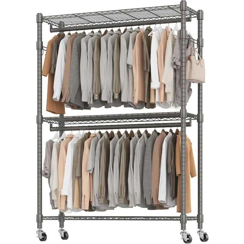 BATHWA Heavy Duty Garment Rack on Wheels, Rolling Clothes Racks for hanging clothes, Simple Sturdy Wardrobe Rack with Double