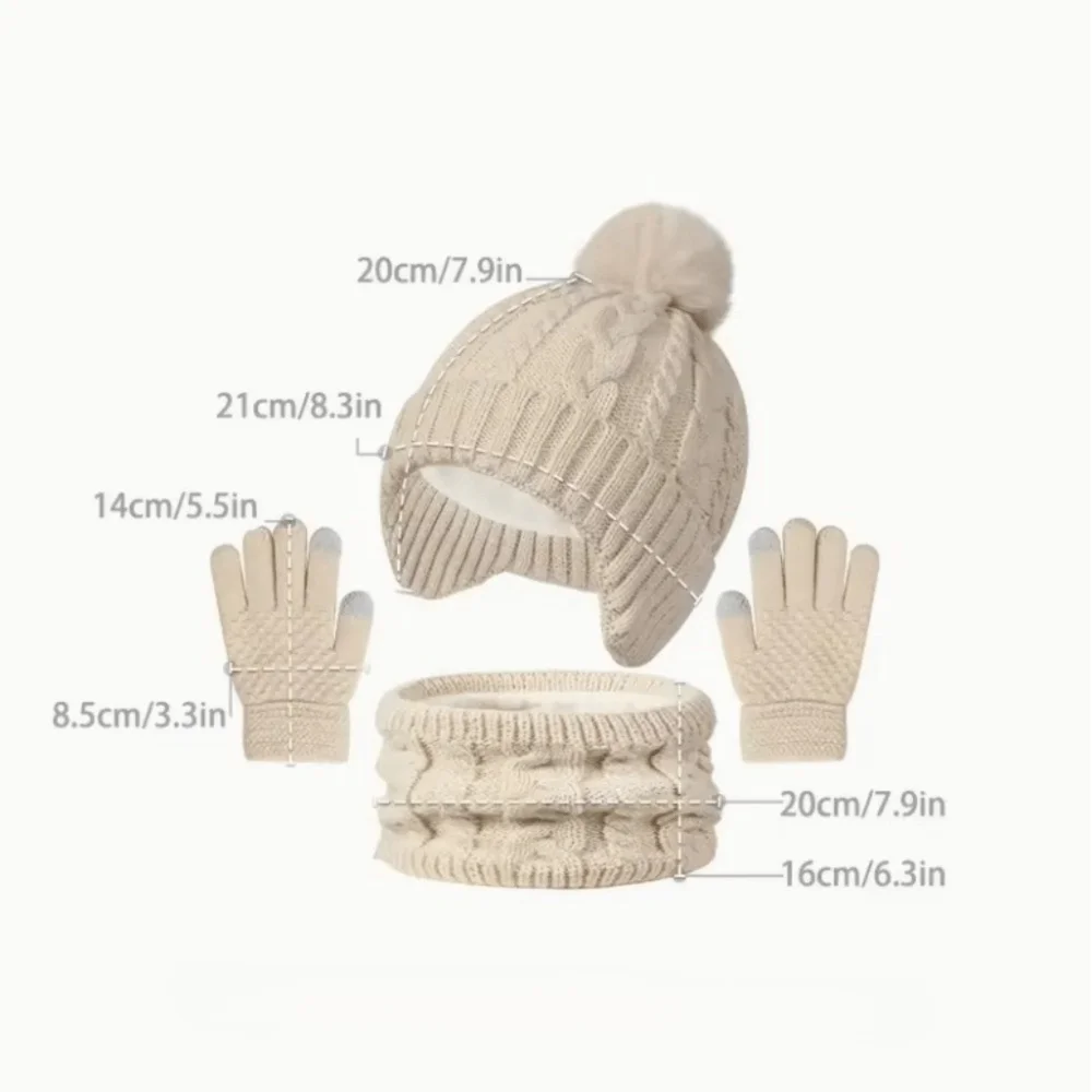 Einfarbiges Baby-Mütze-Schal-Handschuh-Set, süßer Pompon, verdickte Strickmützen für Kleinkinder mit warmen Ohren aus Samt, Mütze-Set für Herbst und Winter