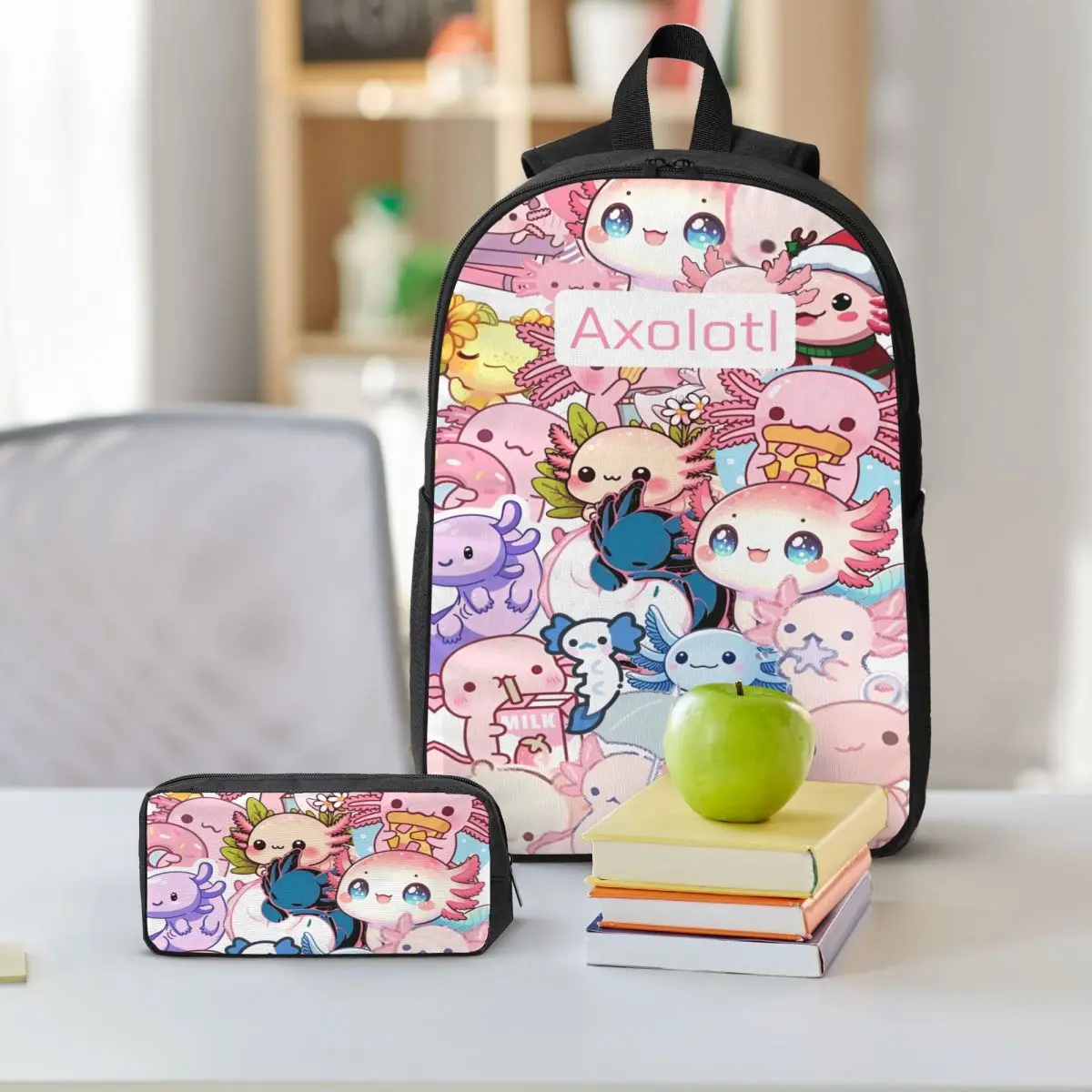 3Pcs Axolotl Accessories Backpack Set for Children Pencil Boxes Bookbag Sets with Lunch Box For School Students Daypack