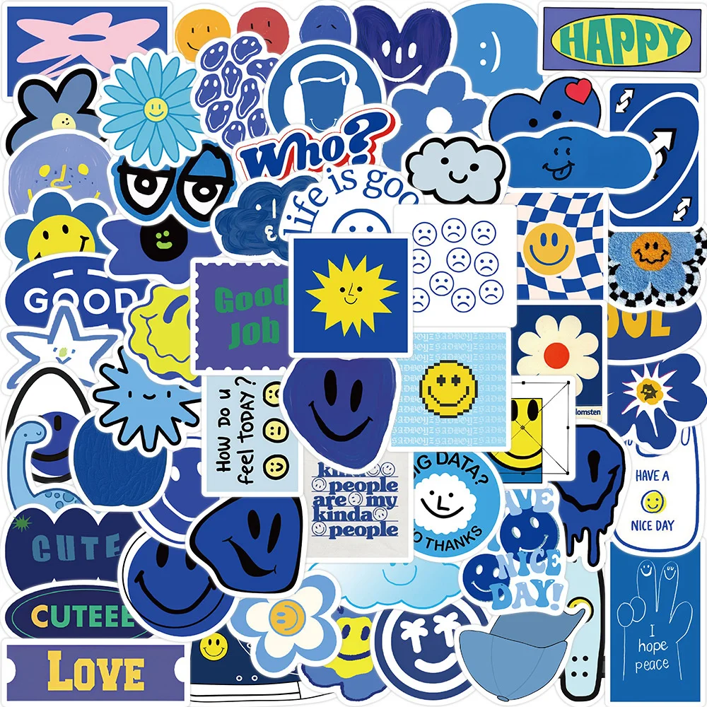 59pcs Blue Smiley Stickers For Suitcase Phone Stationery Scrapbook Scrapbooking Materiales Craft Supplies Vintage Smile Sticker