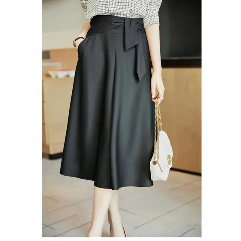 

Fashionable Black Skirt High Waist Crotch Revealing Thin Lace Up Mid Length Skirt Over Knee Skirt for Women Office Lady Mid-Calf