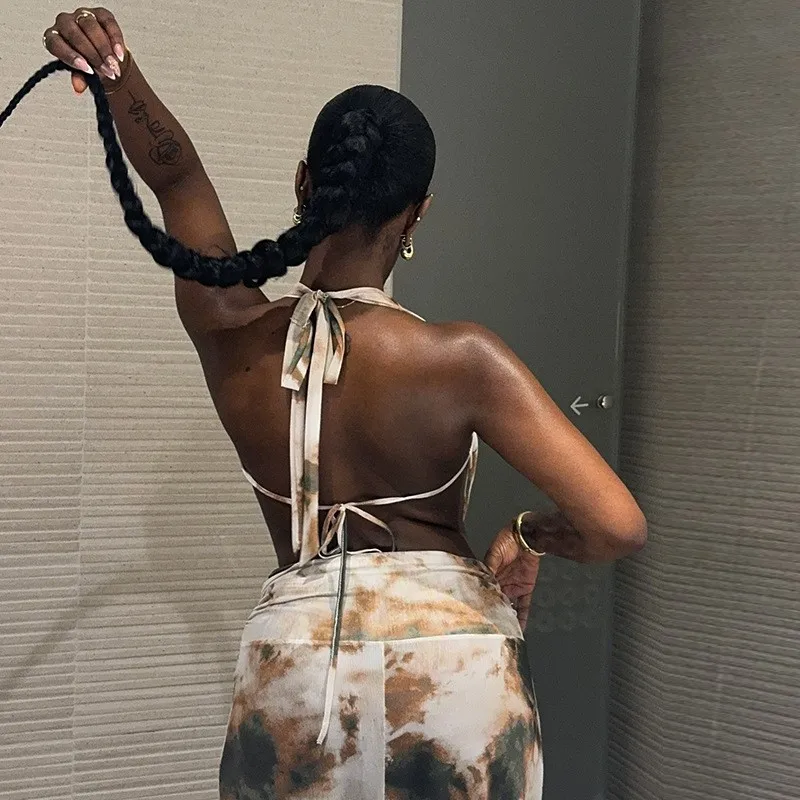 Pescoço leace-up topo halter novo em conjuntos de correspondência 2 peças conjunto para mulher roupas de duas peças saia longa sem costas v-link sexy impresso