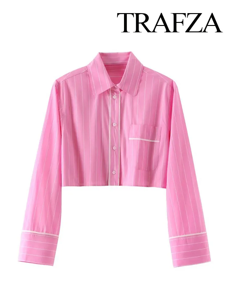

TRAFZA Woman Long Sleeves Casual Slim Blouses Women Elegant Chic Stripe Lapel Pocket Button Decorate Loose Short Shirt Top Traf