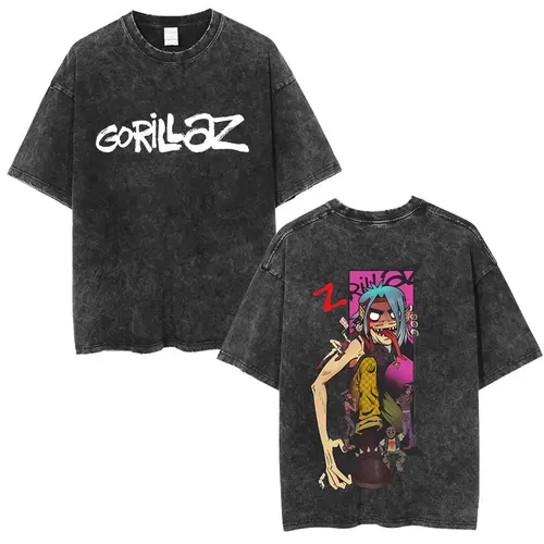 Imagen 2 del producto Camiseta con gráfico de Gorillaz de banda de Rock Vintage lavada, ropa para hombres y mujeres, moda Hip Hop, ropa de calle de gran tamaño, camisetas informales para hombre