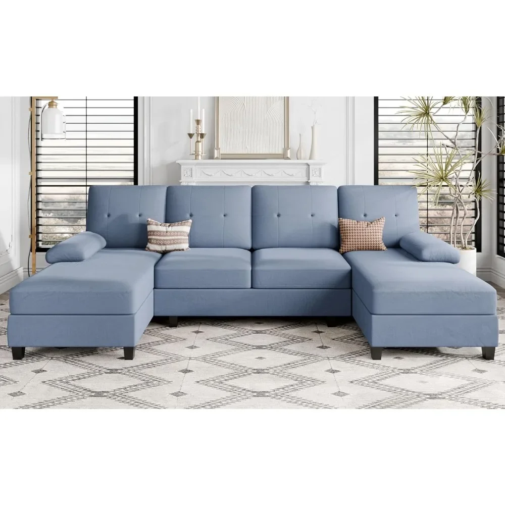 Sectional Couches for Living Room, U Shaped Sofa Couch with Double Chaise, 4-Seat Living Room Furniture Sets with Soft, Blue