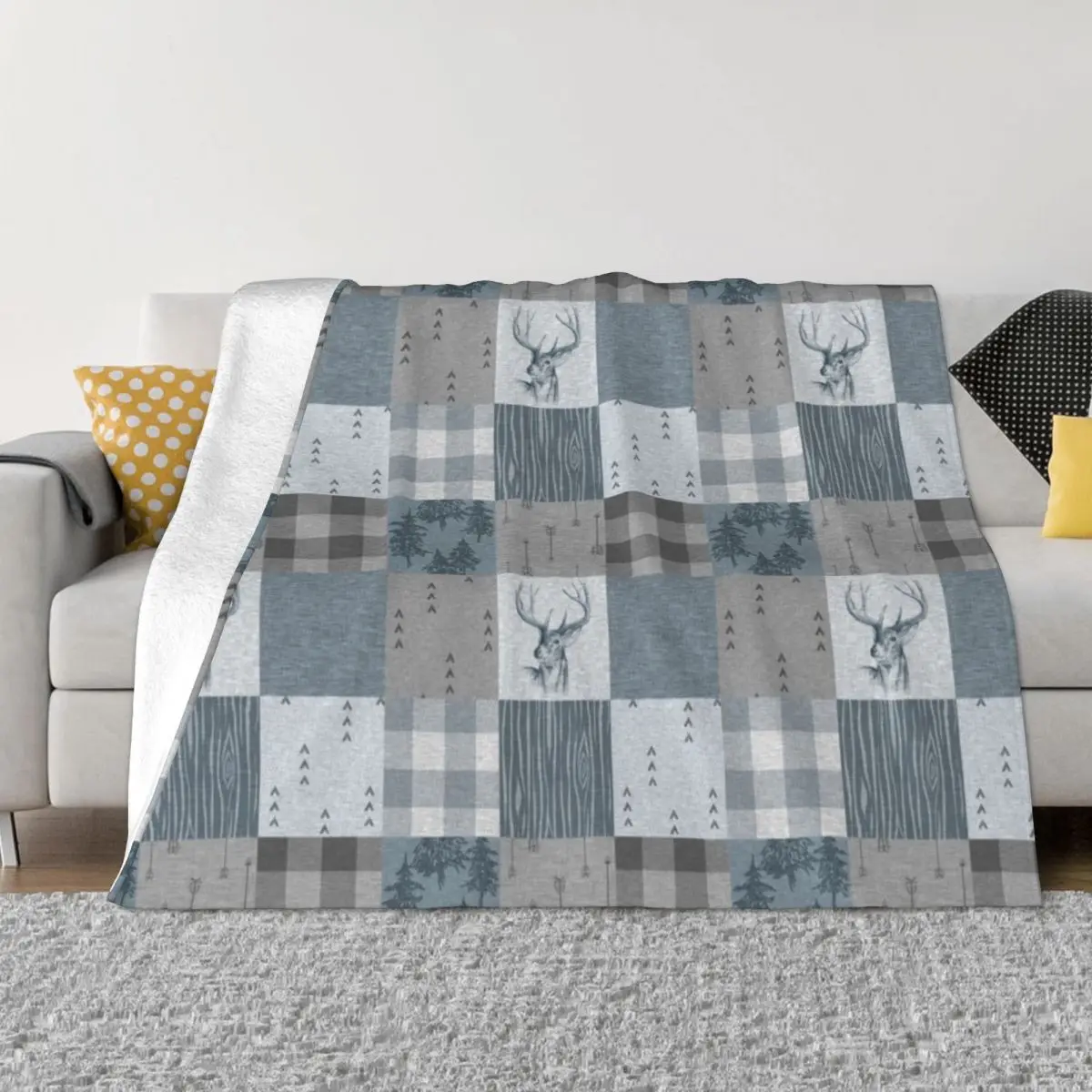 

Deer Patchwork - Rustic Blue And grey Throw Blanket Fluffy Blankets Large Decorative Throw Blanket Cute Blanket Plaid
