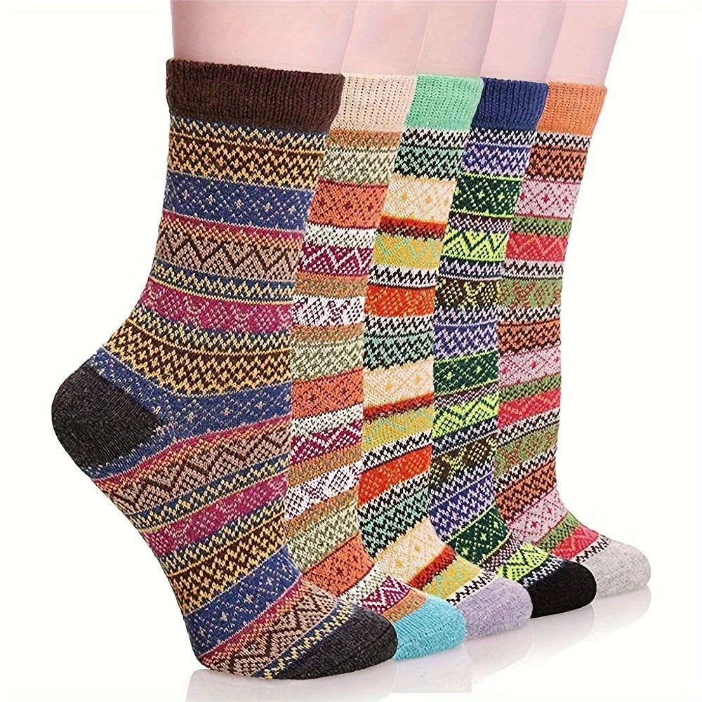 

5 pairs of women's thick socks, warm knitted Nordic women's winter long-sleeved round-neck socks