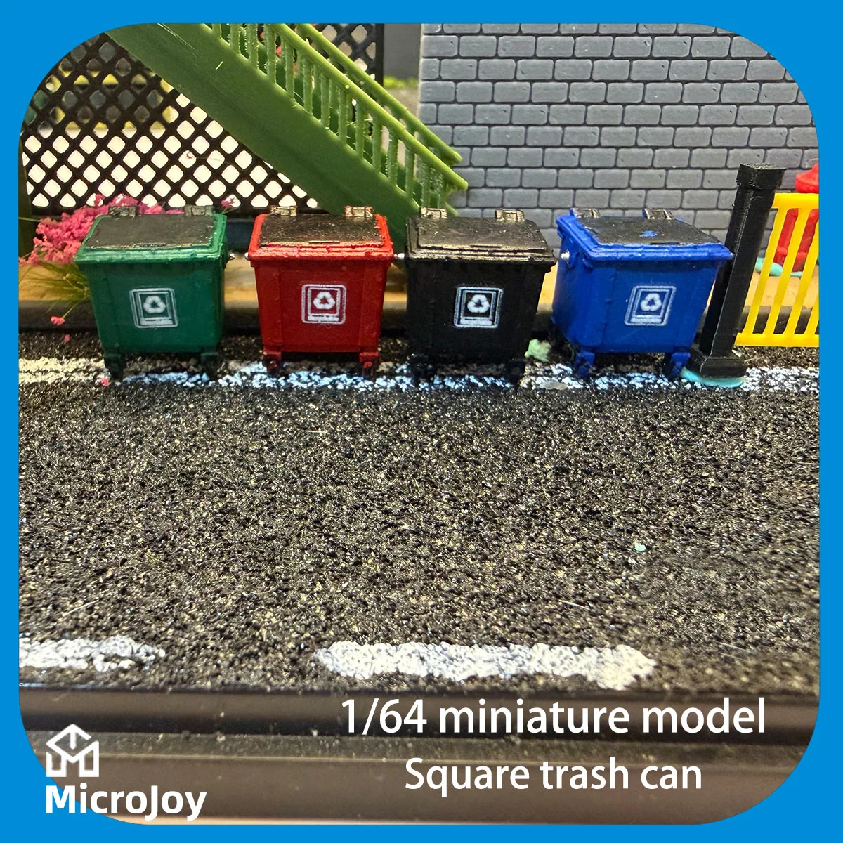 Scène détaillée : Modèle miniature à l'échelle 1:64 d'un atelier de maintenance, d'un parc, d'une poubelle carrée moderne, d'un ornement miniature de recyclage des déchets de rue, et d'une scène de modélisme automobile