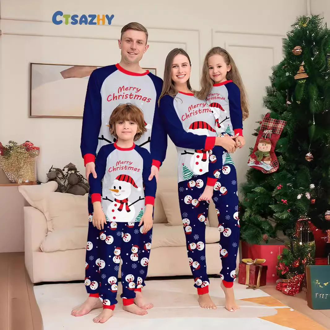 New Year Autumn and Winter white snowman family Christmas pajamas Cartoon family Christmas outfits for three or four people