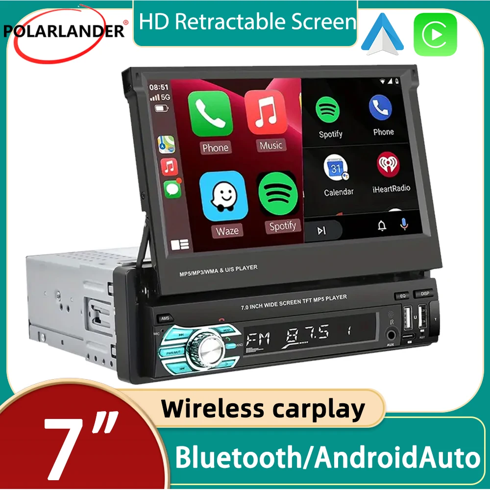 

7 inch 1 Din Mirror Link Car Stereo 4 Led Camera Touchscreen Car MP5 Player Supports FM Bluetooth Wireless Carplay Android Auto