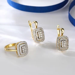 Classic square design inlaid stones two -color earrings rings set copper plated 14K gold fashion elegant ladies party earrings