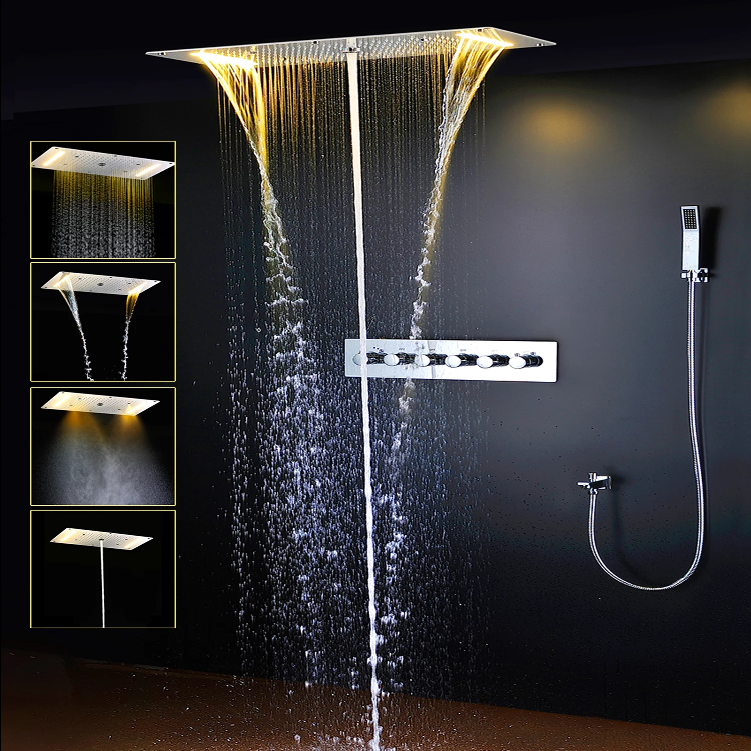 

hm High Quality Ceiling LED Shower System Set 380x700MM Massage Waterfall Rainfall Shower Head Large Thermostatic Mixer Faucet