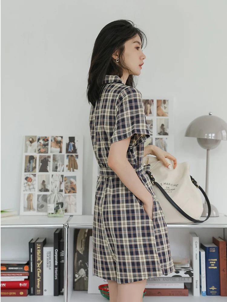 Vintage Baggy Playsuits Women Summer High Waist Plaid Jumpsuit Shorts Suits with Sashes 2022 New