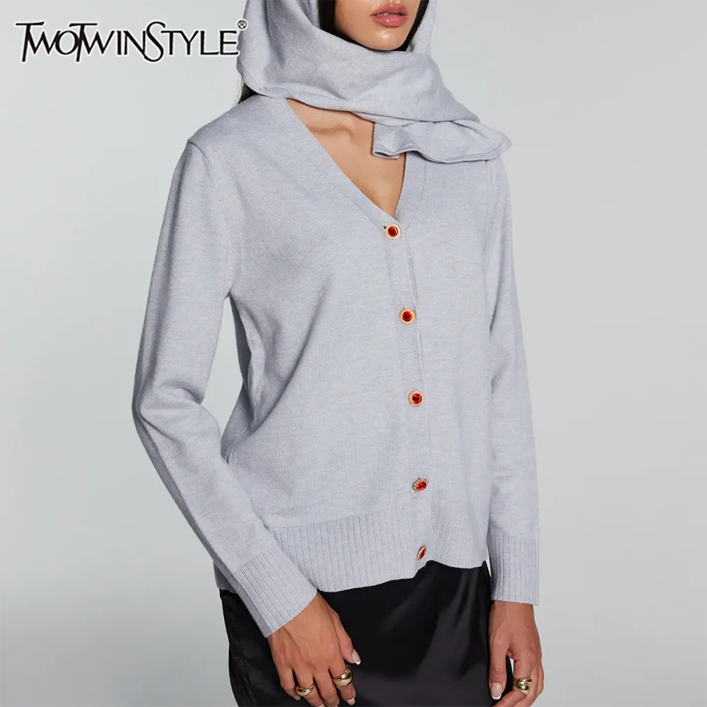 

TWOTWINSTYLE Casual Knit Sweaters for Women Scarf Collar Long Sleeve Single Breasted Accent Slimming for Minimalist Street Style