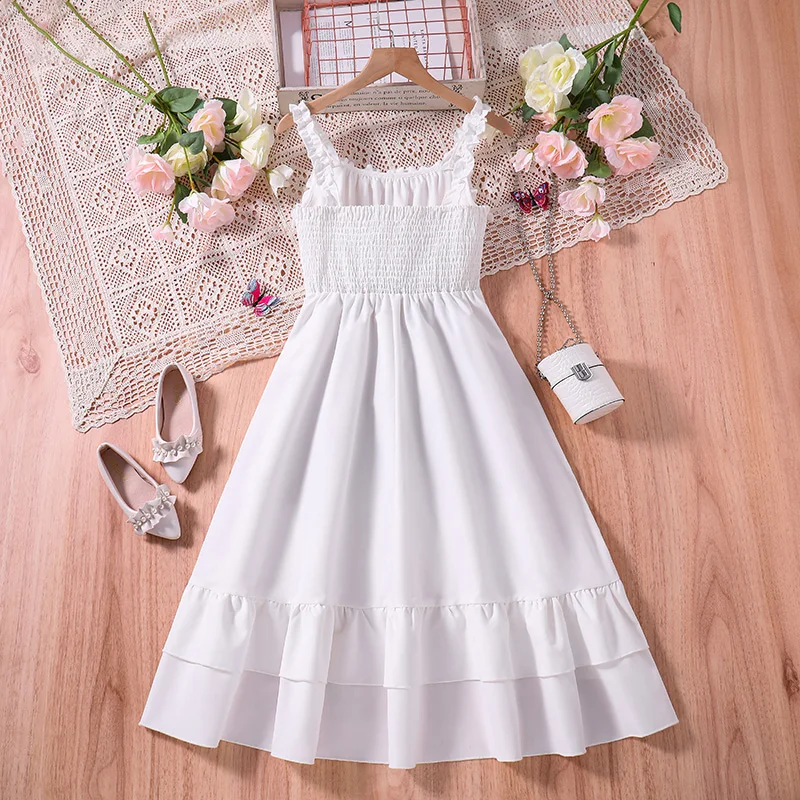 New Designed Classic White Sleeveless Dress Elegant Princess Girl Dress Cute Teenager Summer Fashion Party Vacation Daily Casual