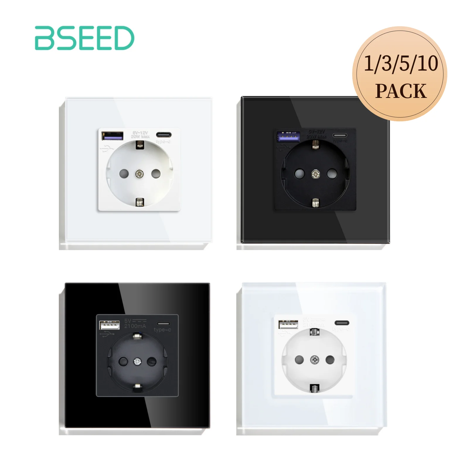 BSEED EU-Standard Wandsteckdose Telefon-Ladeanschluss USB-C Einzelsteckdose 16A Glasrahmen 110V - 240V Elektrische Steckdose Typ-C Wandmontiert
