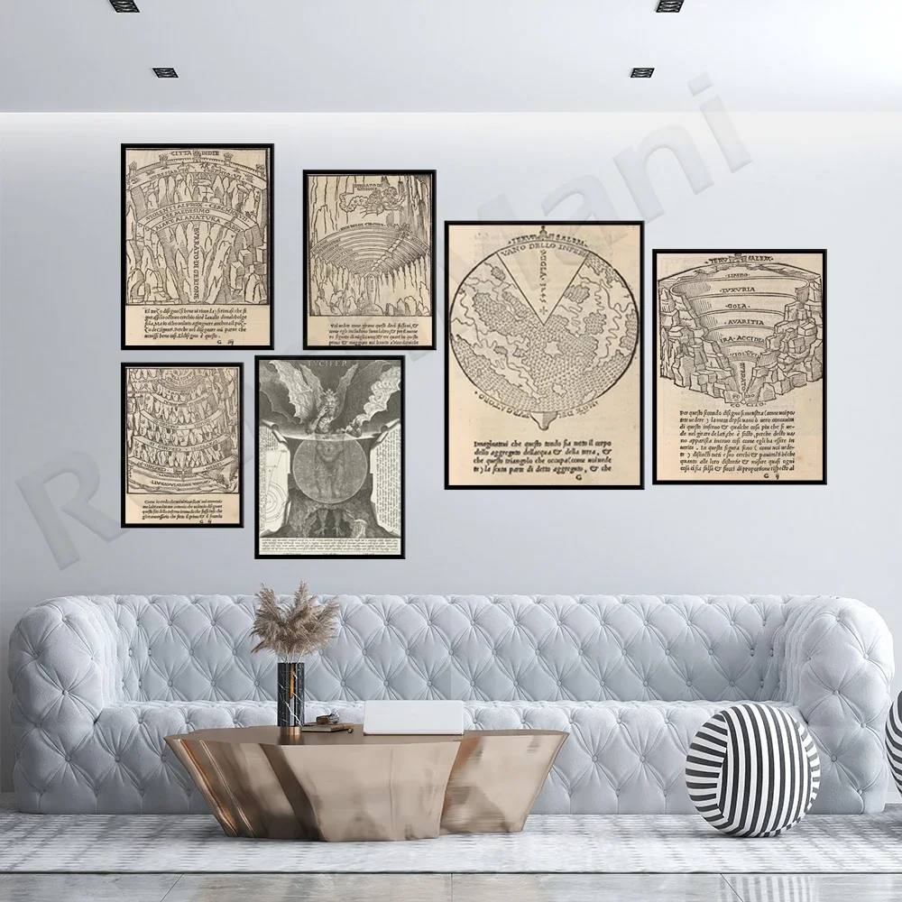 خريطة القرون الوسطى للجحيم جحيم الجحيم الإلهي الكوميديا دانتي خمر مخطوطة العتيقة القوطية التوضيح غرامة الفن ملصق الطباعة