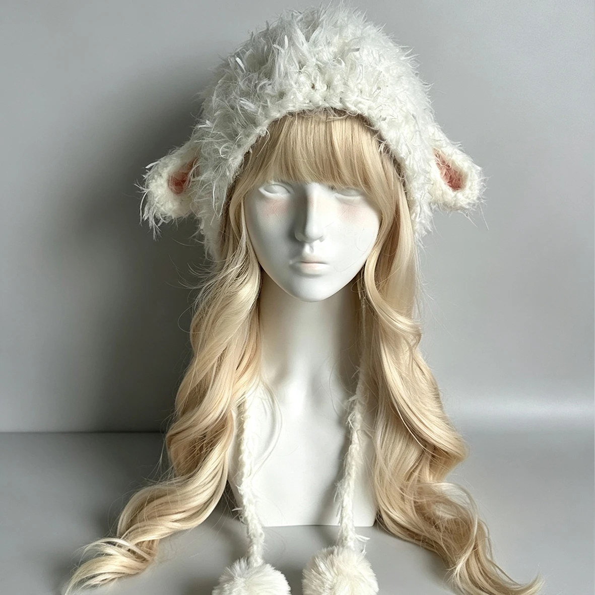 Handmade Custom White Lamb Sheep Ear Crochet Hat Women Fluffy Knit Beanie Girl Soft Winter Animal Hat Fairycore Kawaii Headwear